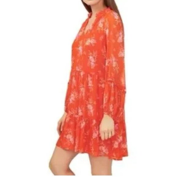 Vince Camuto Dress Orange Floral L Large Fluttery Floral Print Long Sleeve NEW - Picture 5 of 10